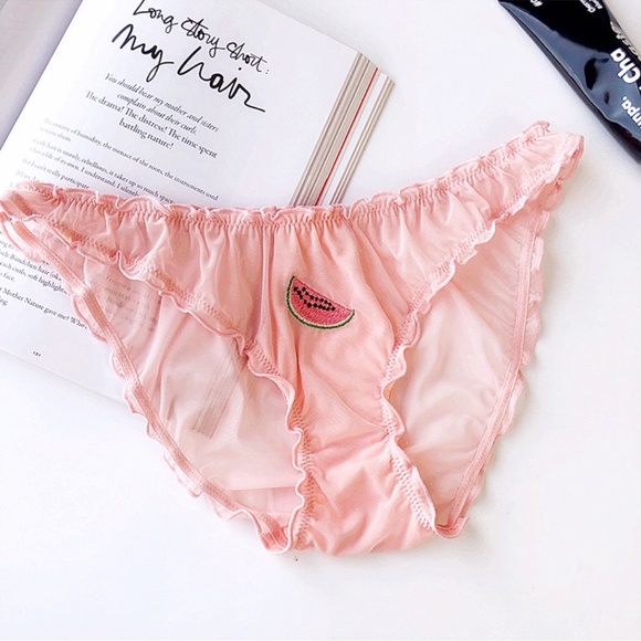 Pink Ruched Fruit Applique Mesh Sheer Panties - Picture 7 of 17